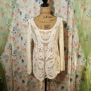 Sheer Crochet Lace Mesh Long Bell Sleeve Boho Top